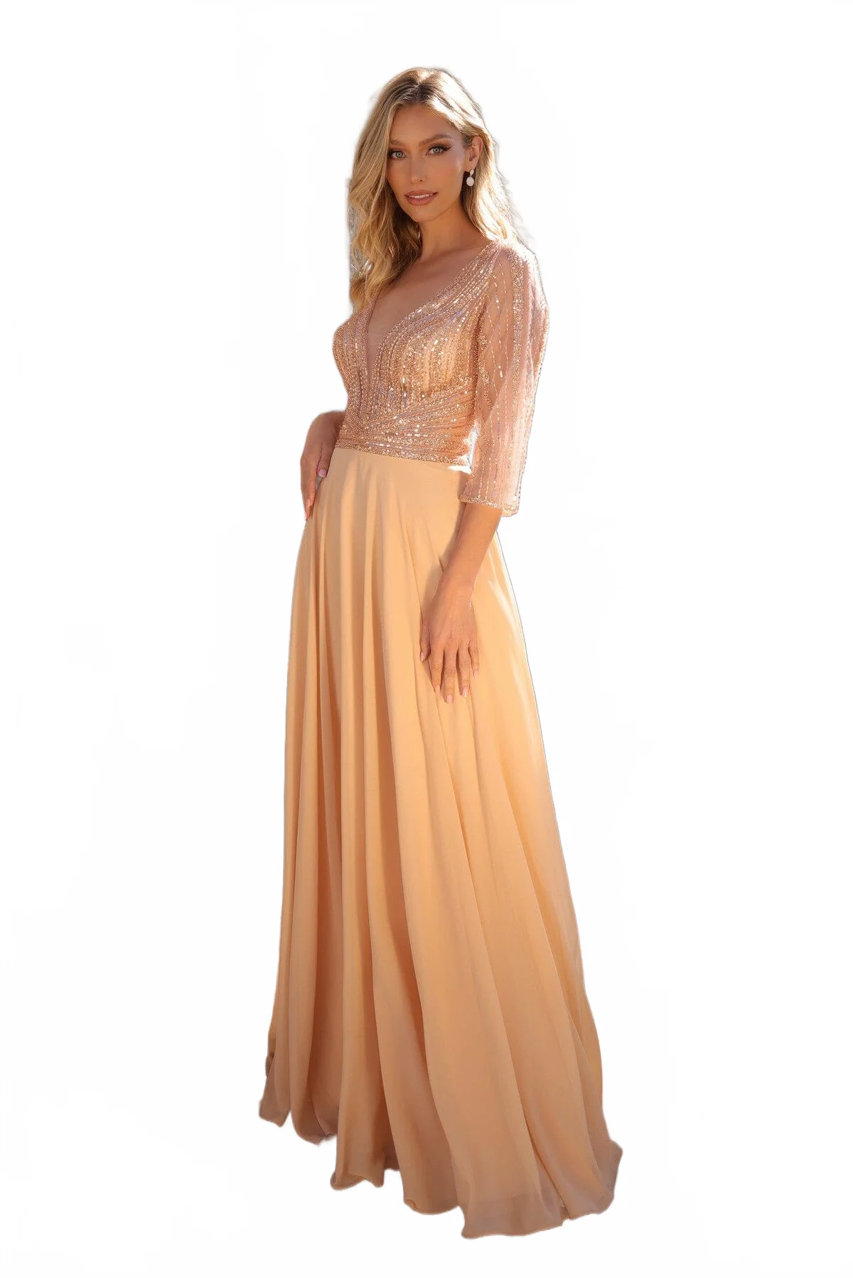 Nox Anabel MF101 Chic 3/4 Sleeve A-Line Gown with Embellishments - Image 22