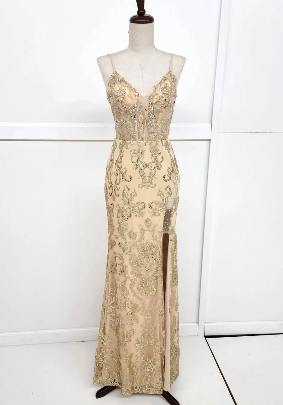 Chicas 4028 Elegant Prom Gold Spaghetti-Strap Corset High-Slit Fabric Dress