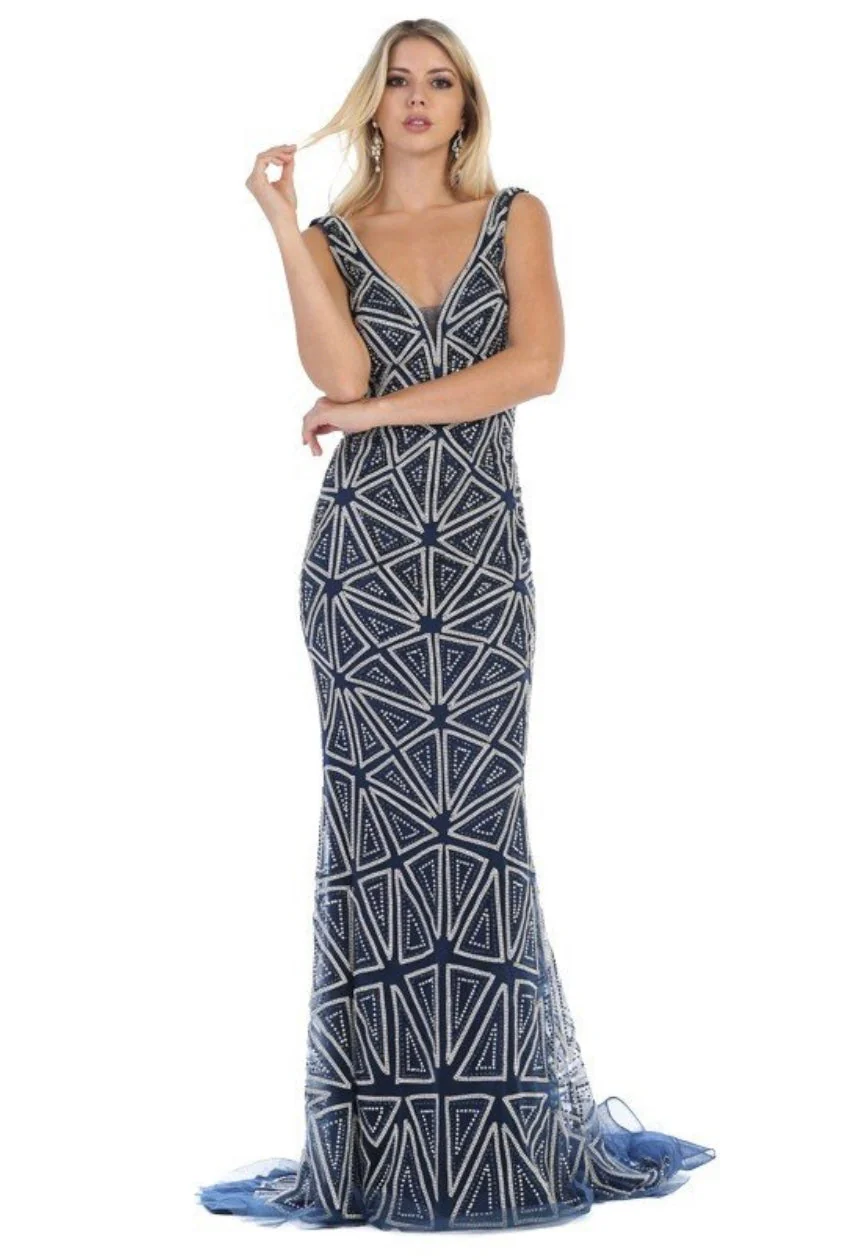 Chicas BT9011 Elegant Formal Navy Floor-Length Strappy Fabric Dress - Image 4