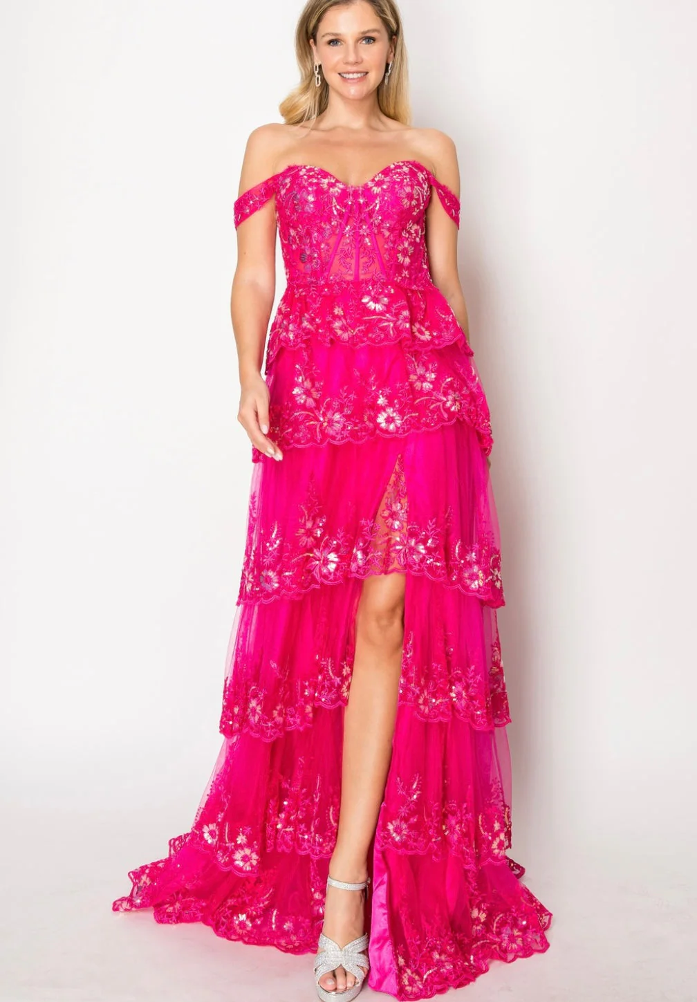 Chicas C2433 Romantic Printed Evening Black Floral Floor-Length Lace Dress - Image 3