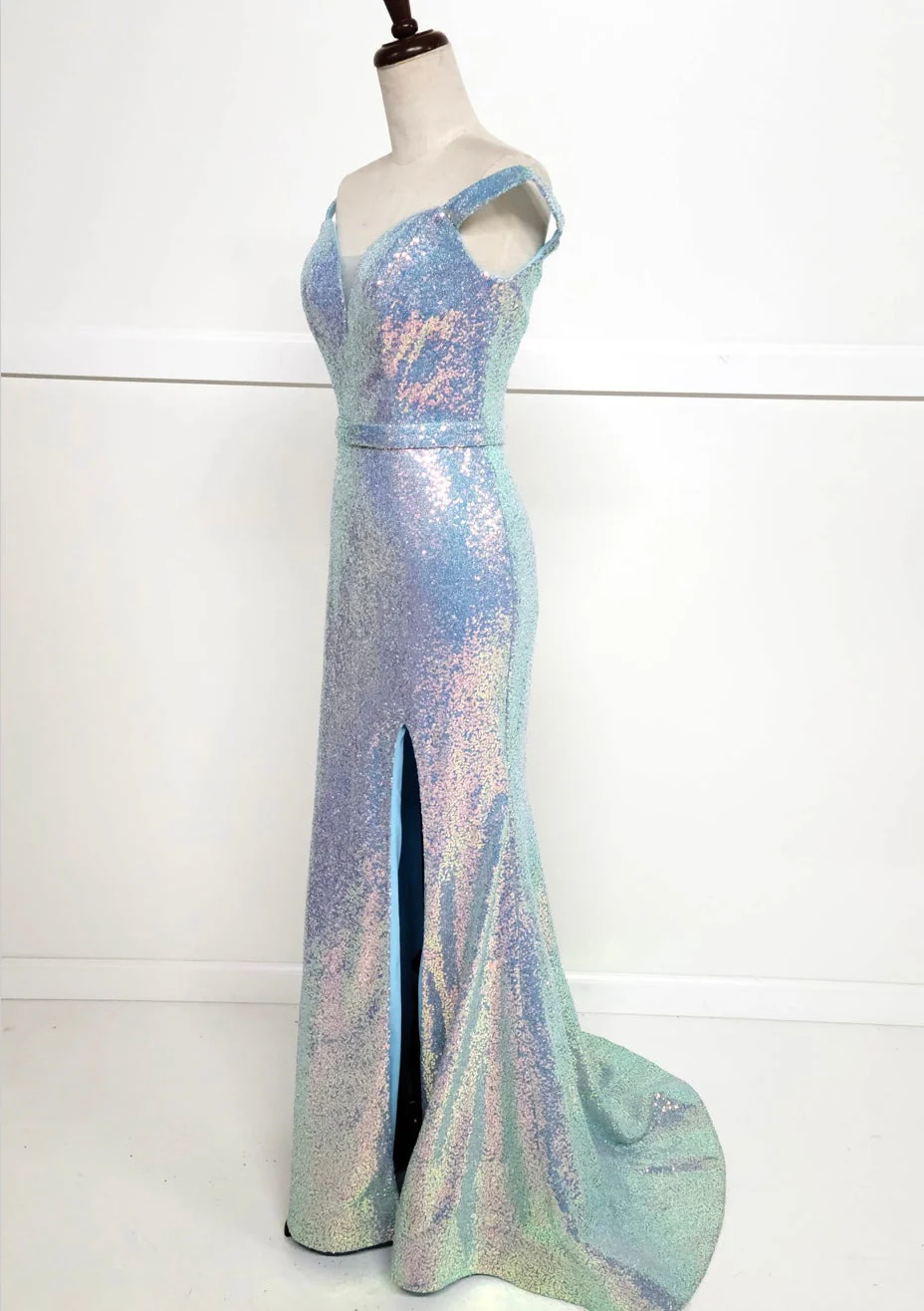 Chicas C324 Glitter Prom Blue Illusion Floor-Length High-Slit Fabric Dress