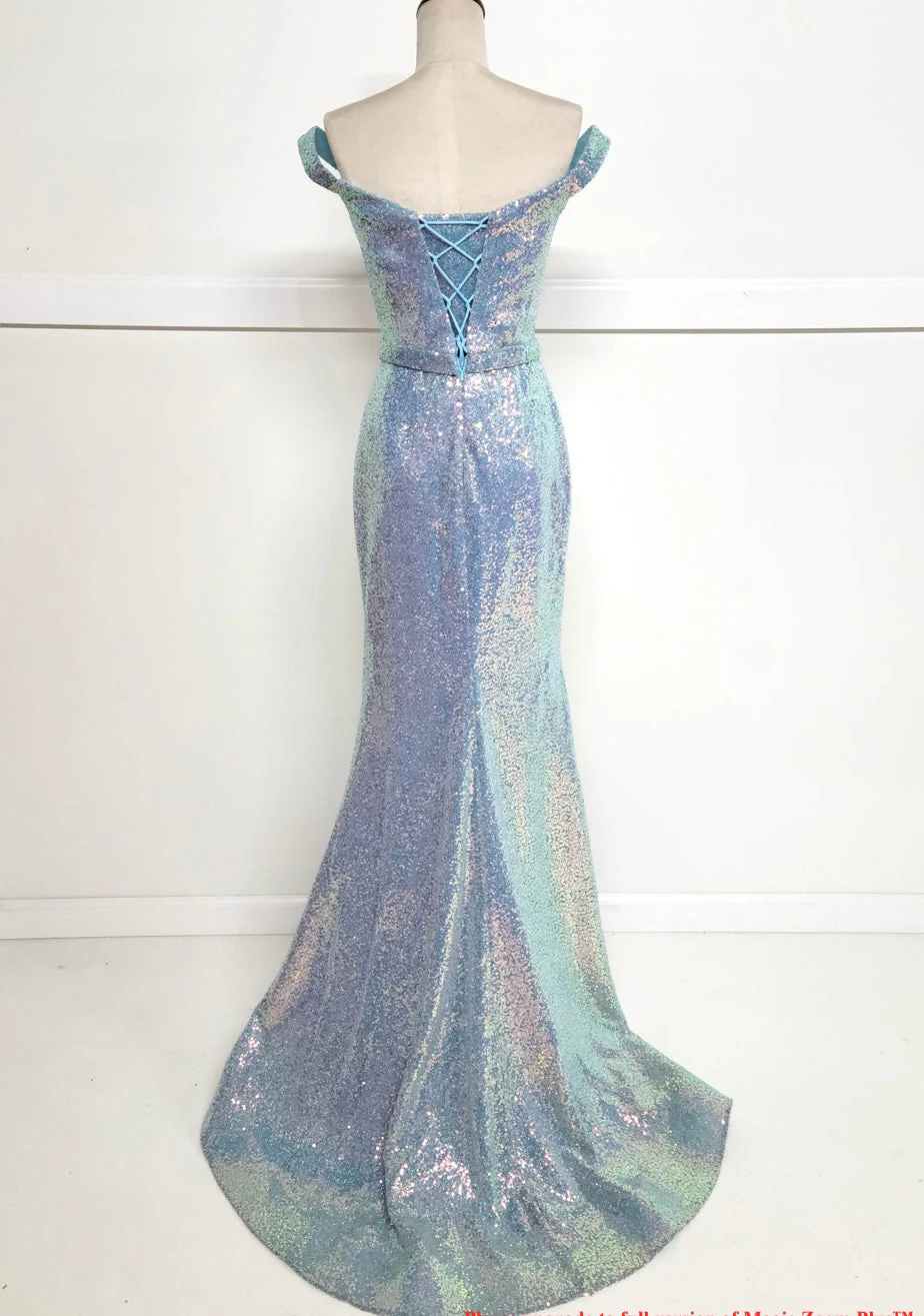 Chicas C324 Glitter Prom Blue Illusion Floor-Length High-Slit Fabric Dress - Image 2