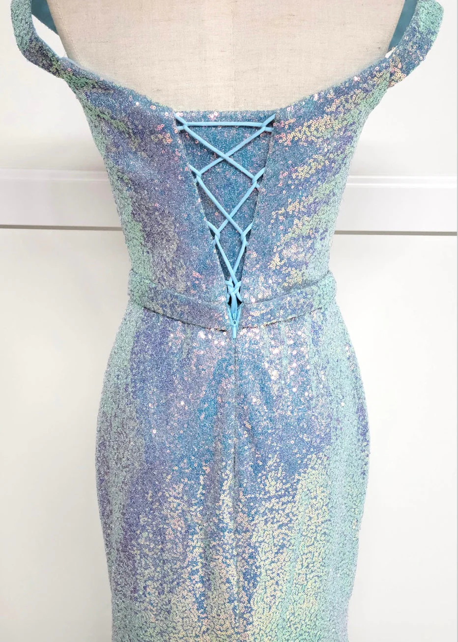 Chicas C324 Glitter Prom Blue Illusion Floor-Length High-Slit Fabric Dress - Image 3