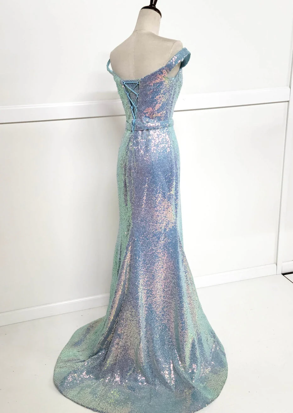 Chicas C324 Glitter Prom Blue Illusion Floor-Length High-Slit Fabric Dress - Image 4