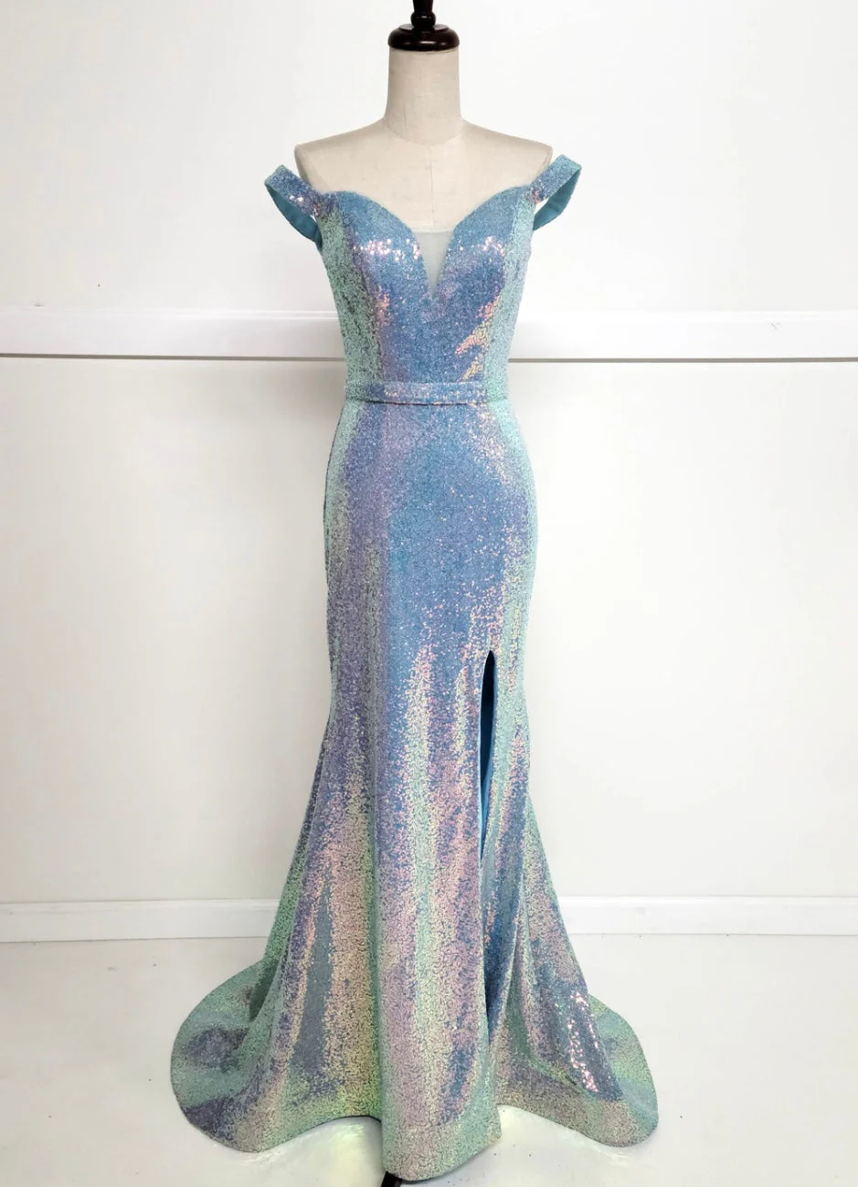 Chicas C324 Glitter Prom Blue Illusion Floor-Length High-Slit Fabric Dress - Image 7