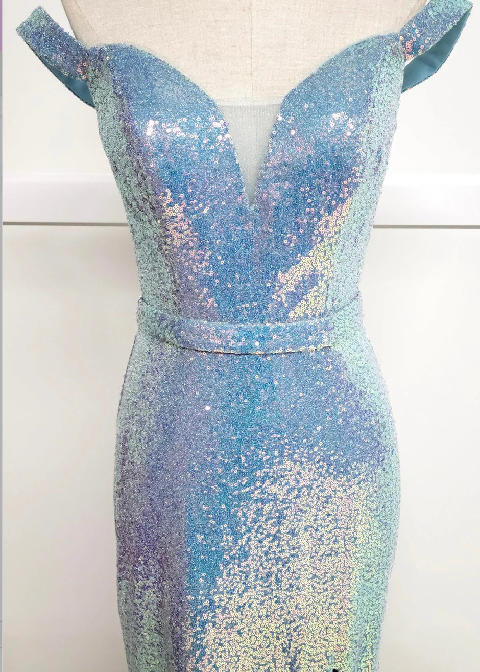 Chicas C324 Glitter Prom Blue Illusion Floor-Length High-Slit Fabric Dress - Image 8