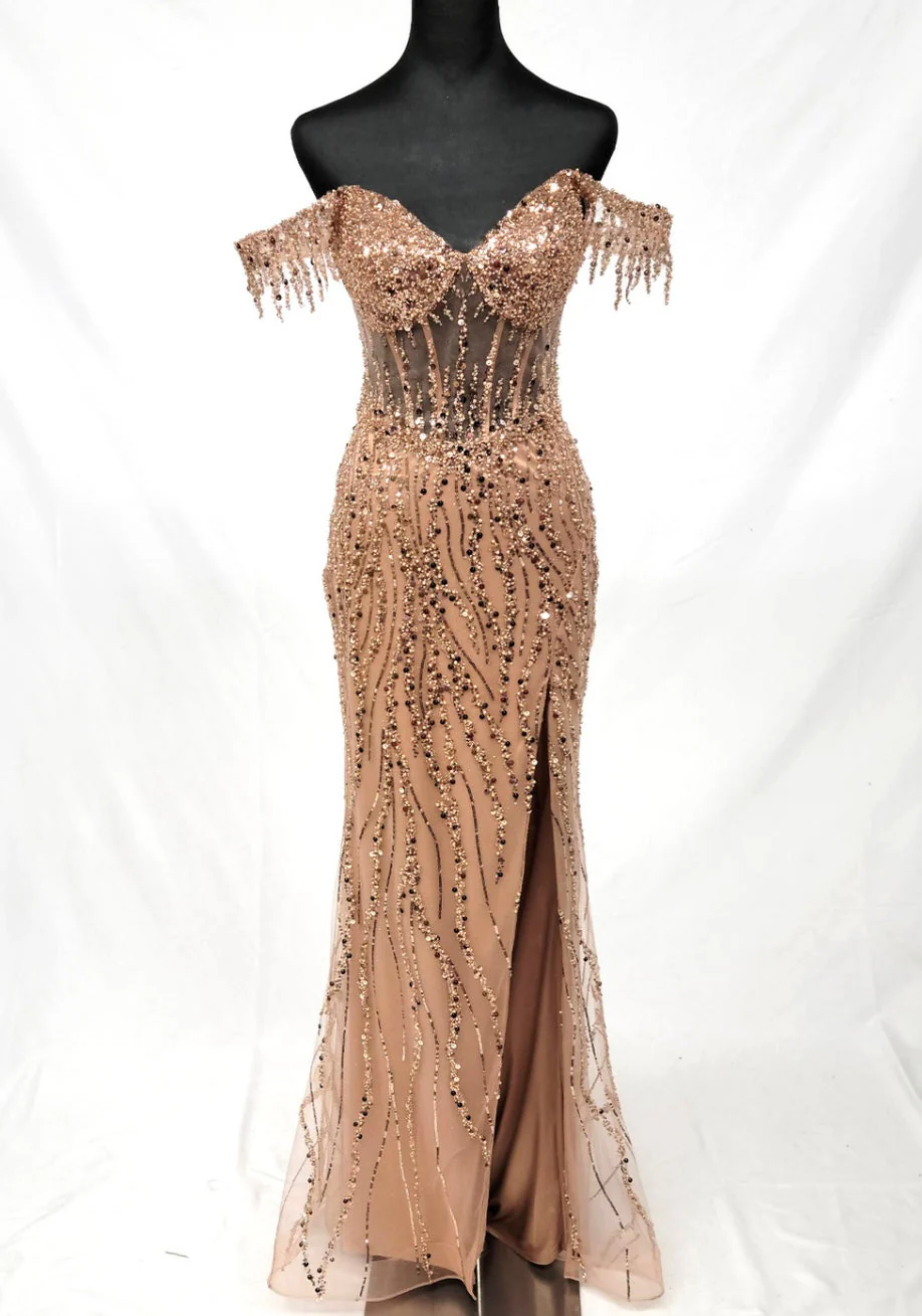 Chicas C331 Evening Floor-Length Corset High-Slit Beaded Fabric Dress