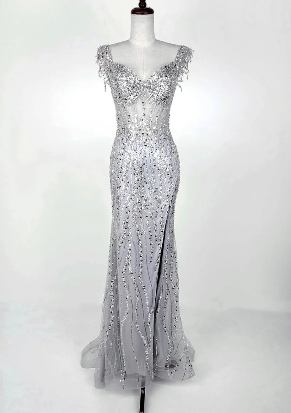 Chicas C331 Evening Floor-Length Corset High-Slit Beaded Fabric Dress - Image 13