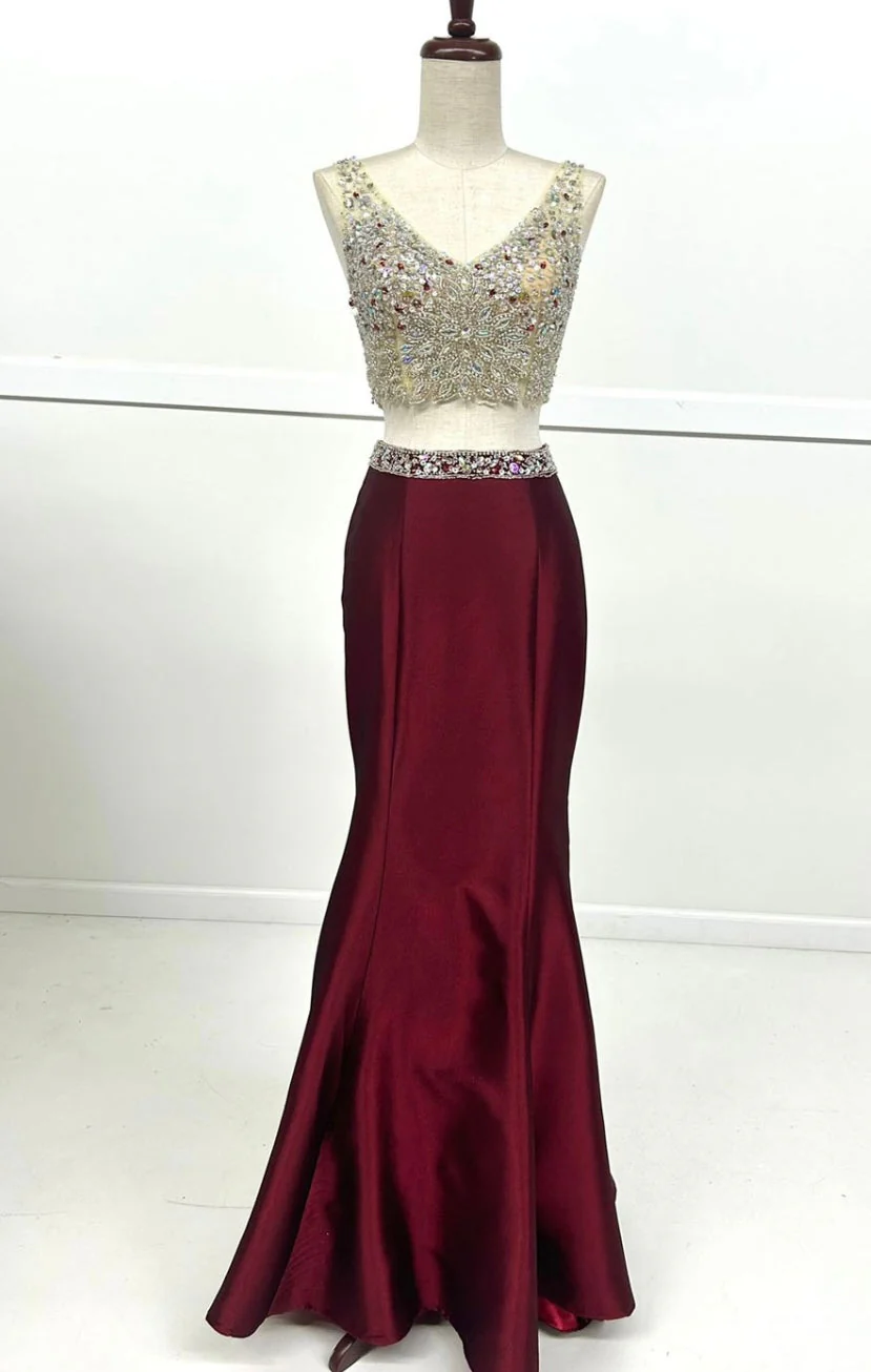 Chicas C3322 Printed Evening Red Mermaid Sleeveless Satin Dress