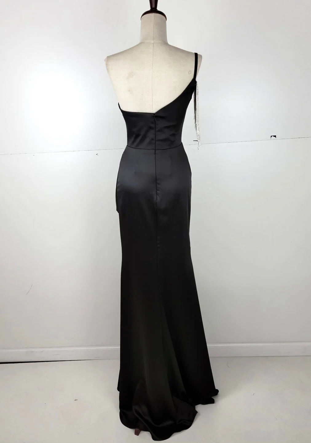 Chicas C338 Elegant Evening Black One-Shoulder Floor-Length Beaded Satin Dress - Image 2