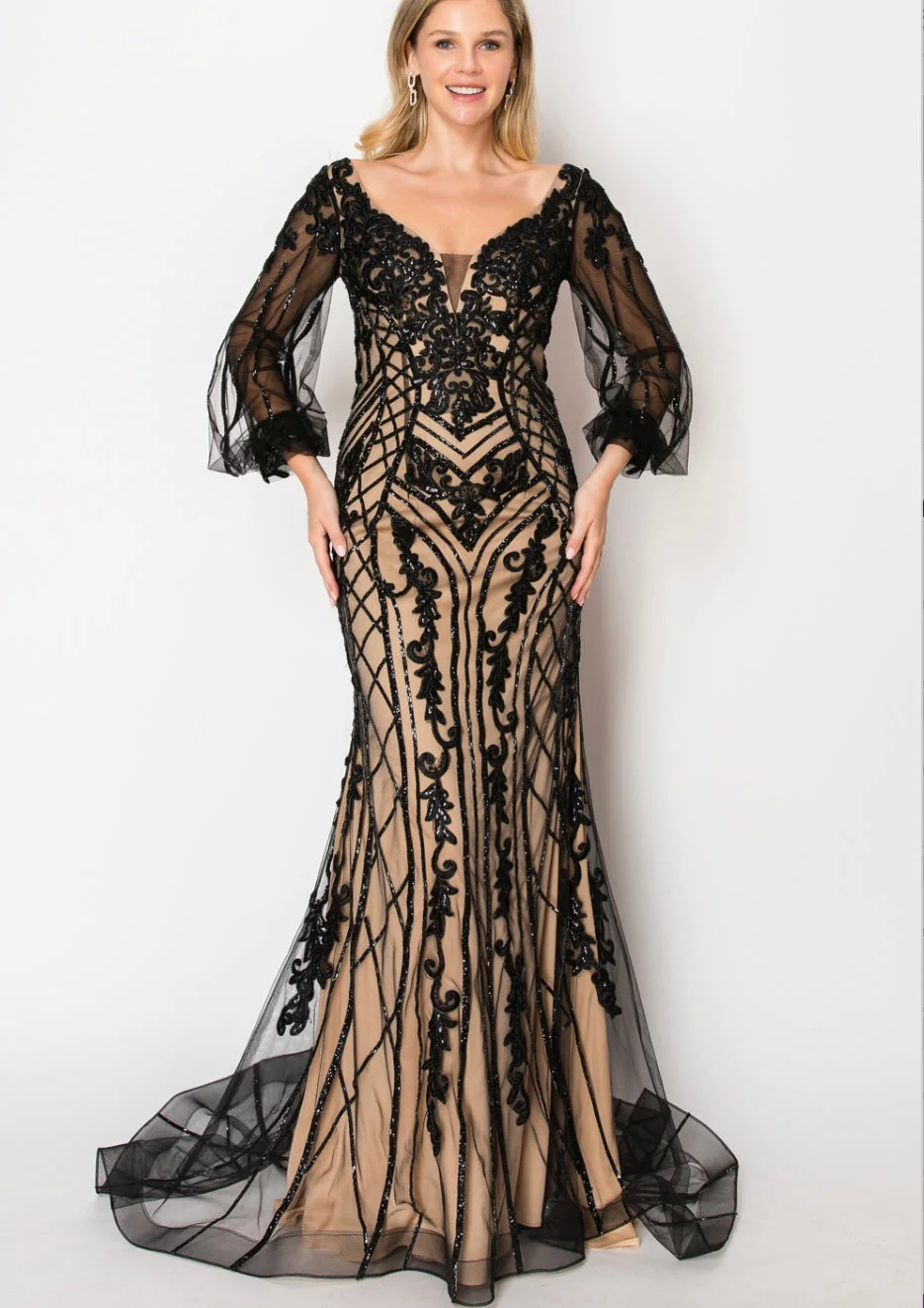 Chicas C339 Evening Black Mermaid Long Sequin Fabric Dress