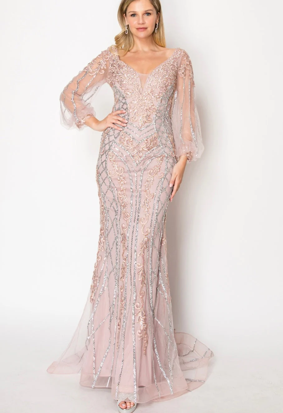 Chicas C339 Evening Gold Illusion Floor-Length Fabric Dress
