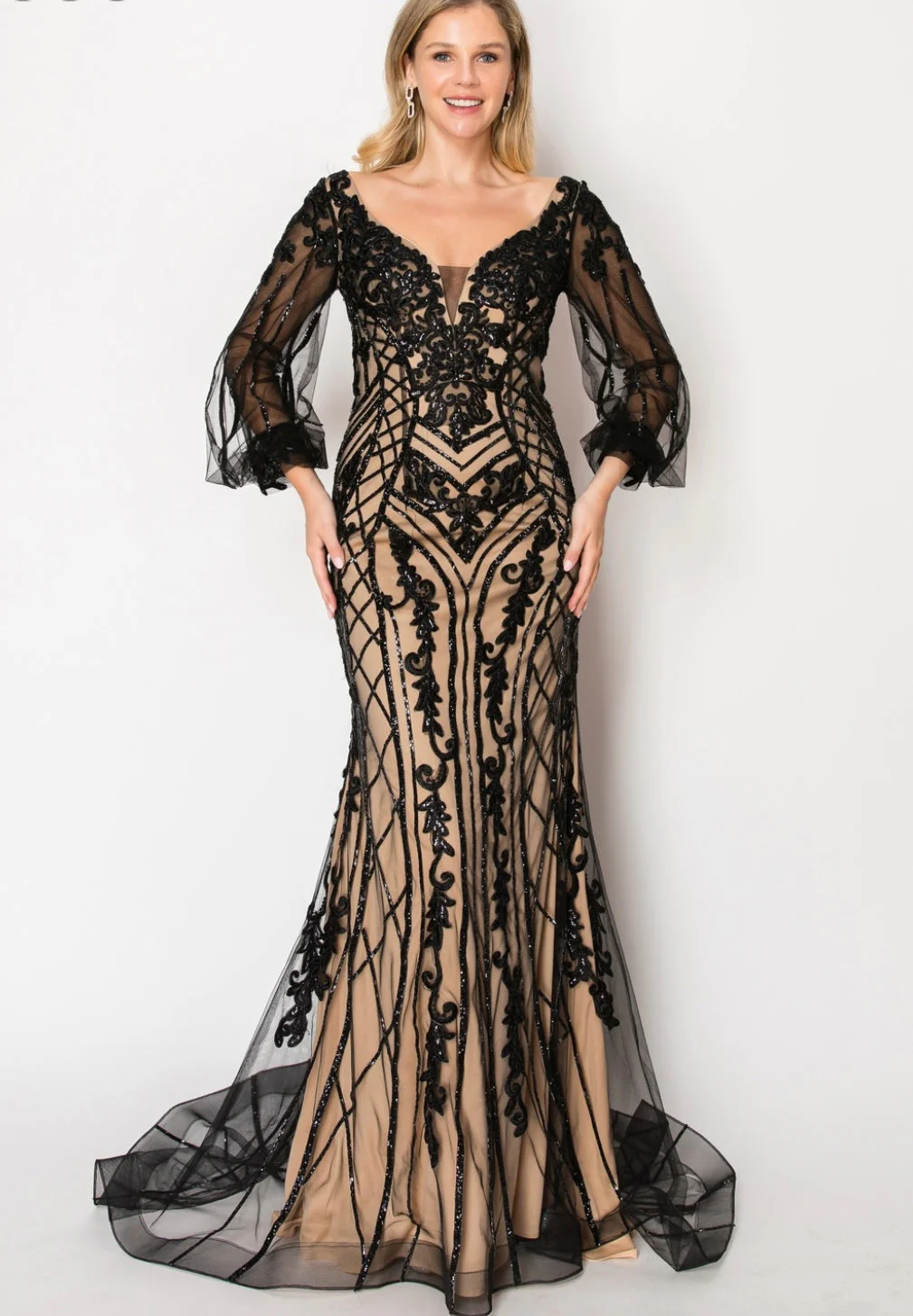 Chicas C339 Evening Gold Illusion Floor-Length Fabric Dress - Image 3