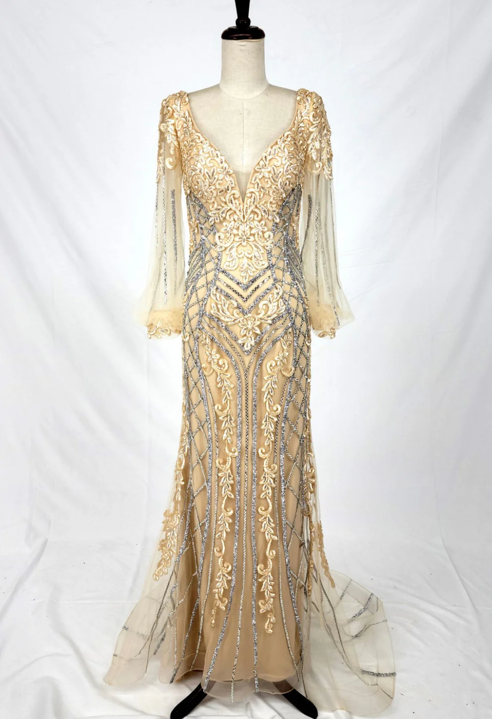 Chicas C339 Evening Gold Illusion Floor-Length Fabric Dress - Image 4