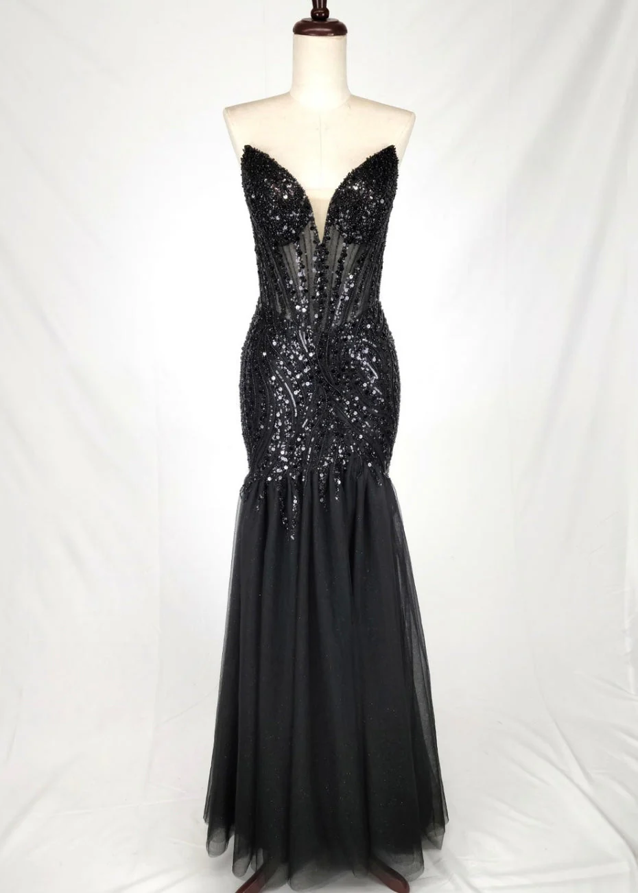 Chicas C345 Elegant Evening Black Mermaid Strapless Floor-Length Tulle Dress