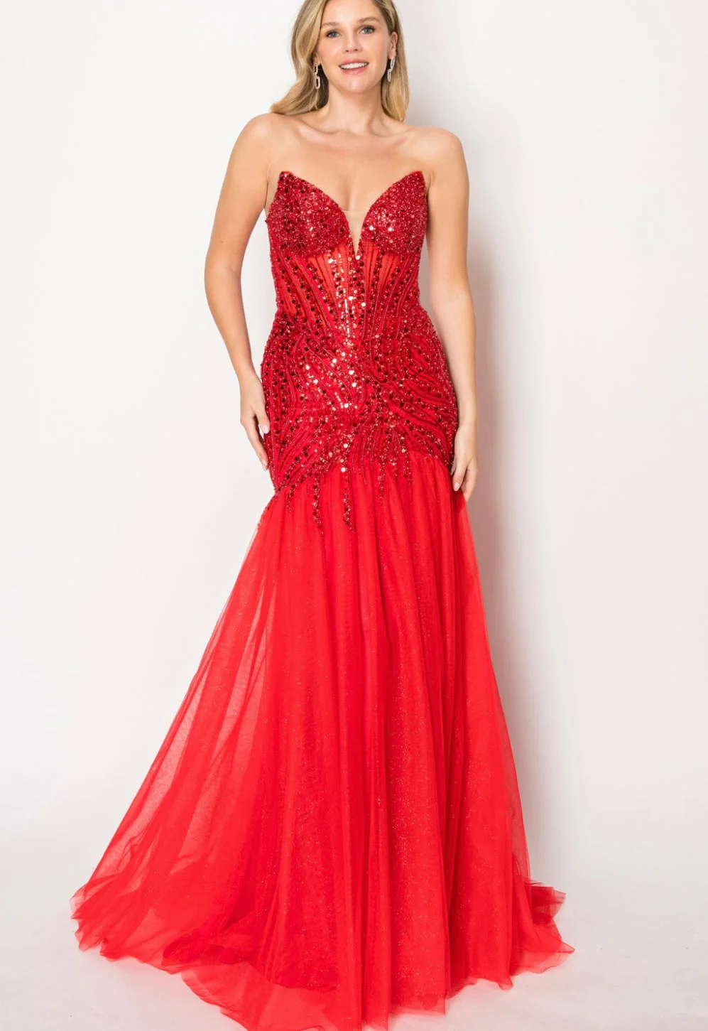Chicas C345 Elegant Evening Black Mermaid Strapless Floor-Length Tulle Dress - Image 4