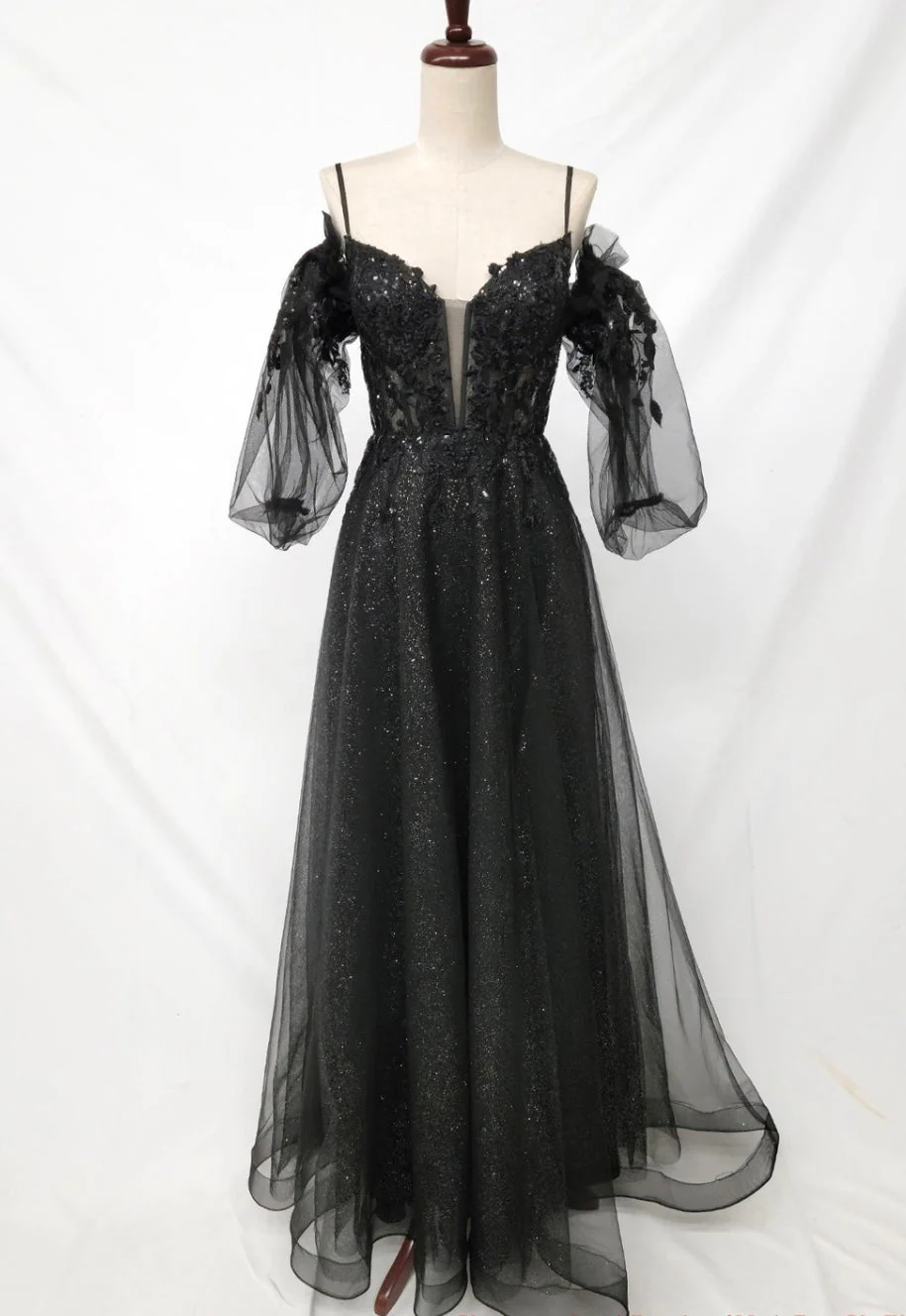 Chicas C358 Modern Printed Prom Black A-Line Spaghetti-Strap Tulle Dress