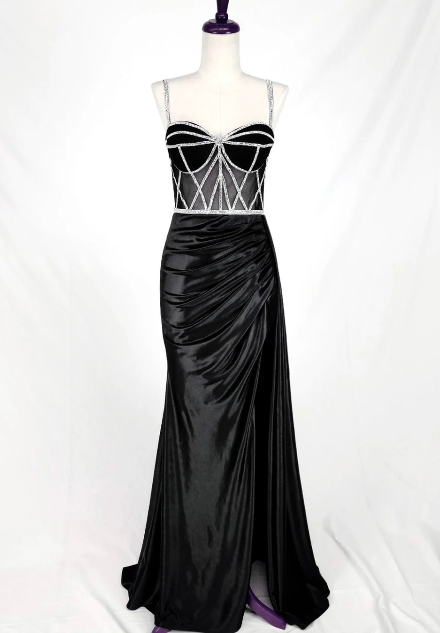 Chicas C368 Glam Evening Black Sweetheart Floor-Length Corset Satin Dress