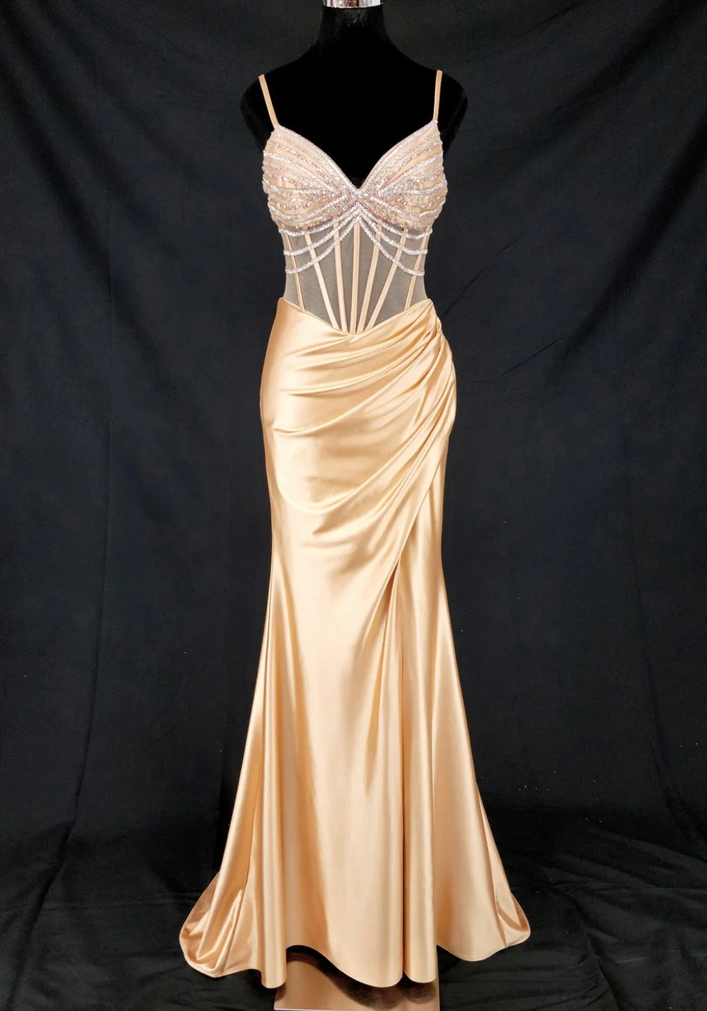 Chicas C374 Evening Black Spaghetti-Strap Floor-Length Corset Beaded Satin Dress - Image 3