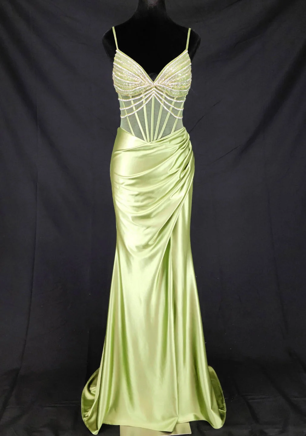 Chicas C374 Evening Black Spaghetti-Strap Floor-Length Corset Beaded Satin Dress - Image 4