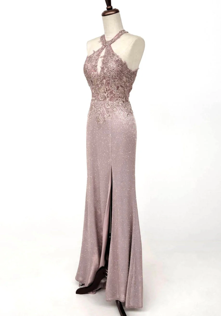 Chicas C7538 Printed Evening Blue Halter Floral Lace Dress - Image 2