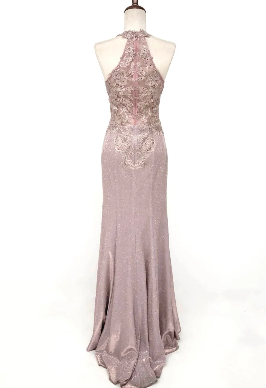 Chicas C7538 Printed Evening Blue Halter Floral Lace Dress - Image 3