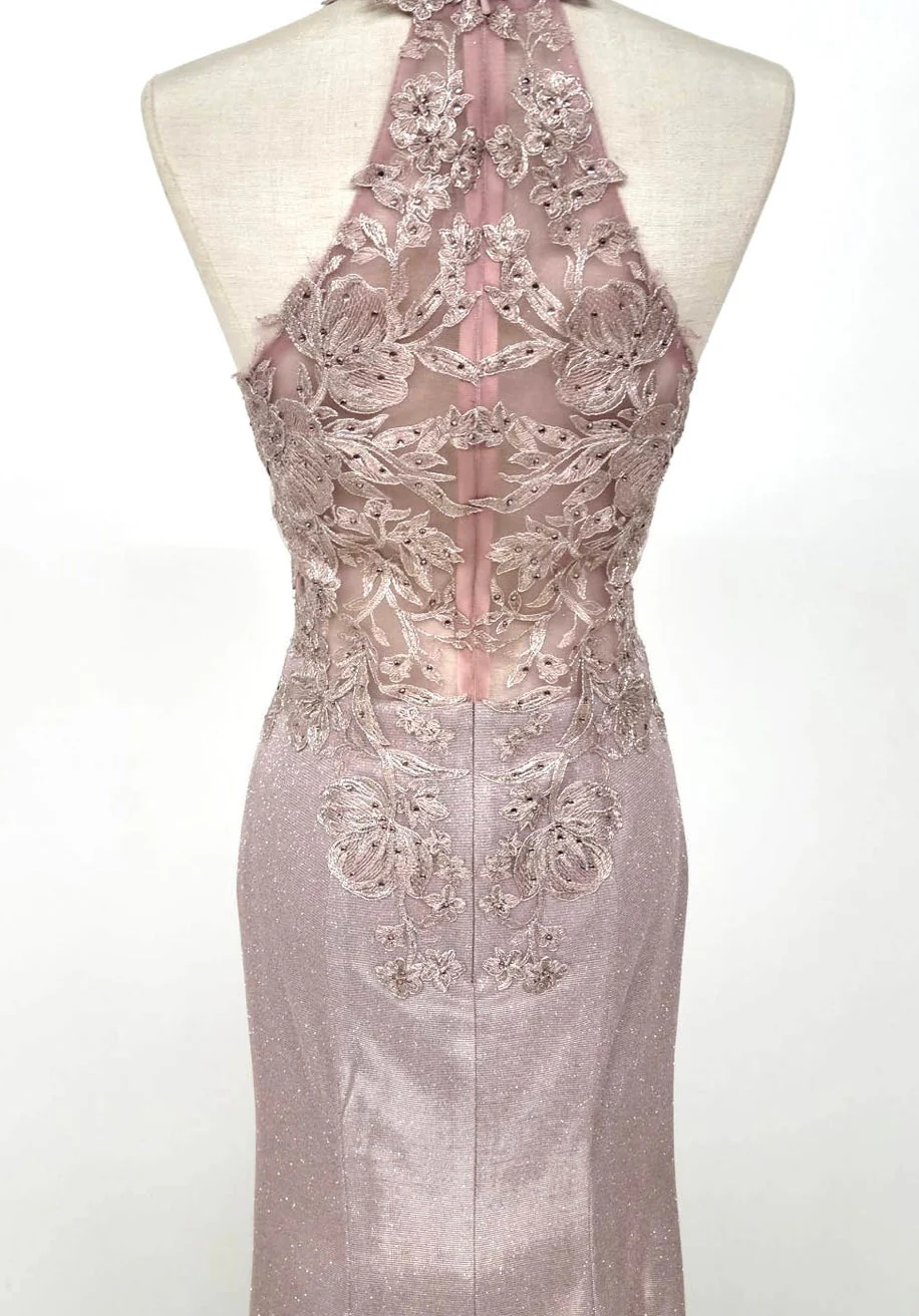 Chicas C7538 Printed Evening Blue Halter Floral Lace Dress - Image 4