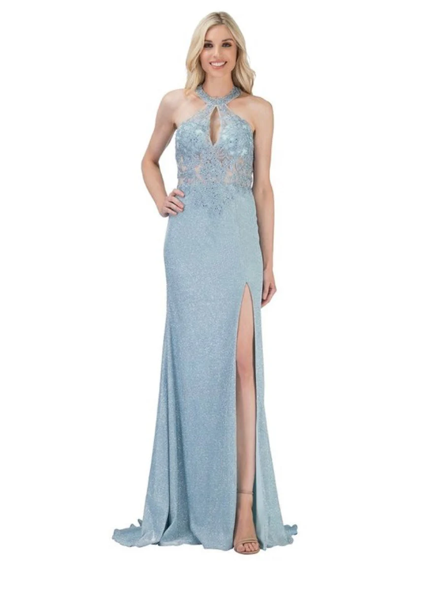 Chicas C7538 Printed Evening Blue Halter Floral Lace Dress - Image 5