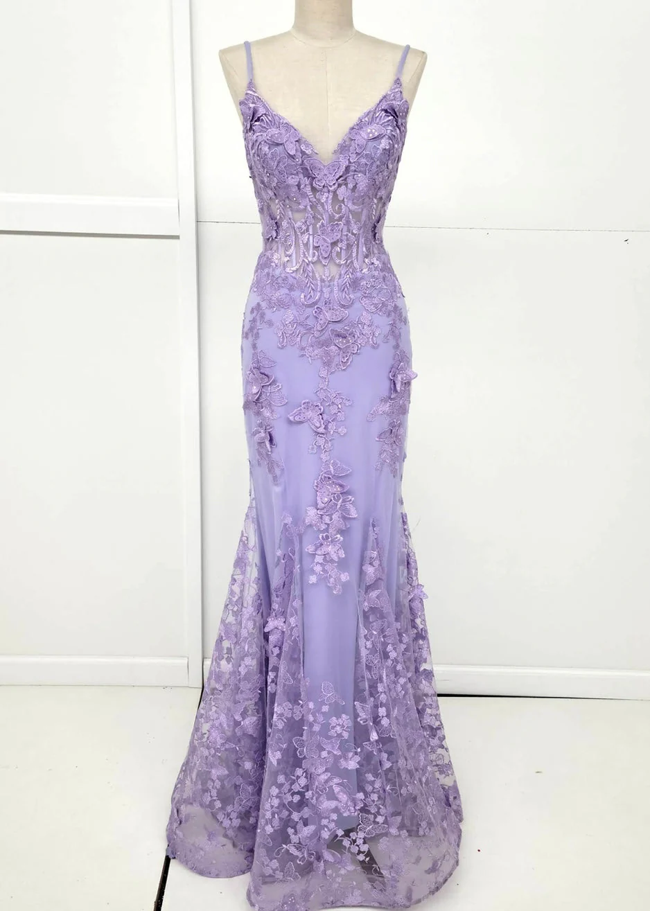 Chicas C816 Printed Prom Lilac Mermaid Spaghetti-Strap Butterfly Tulle Dress - Image 6