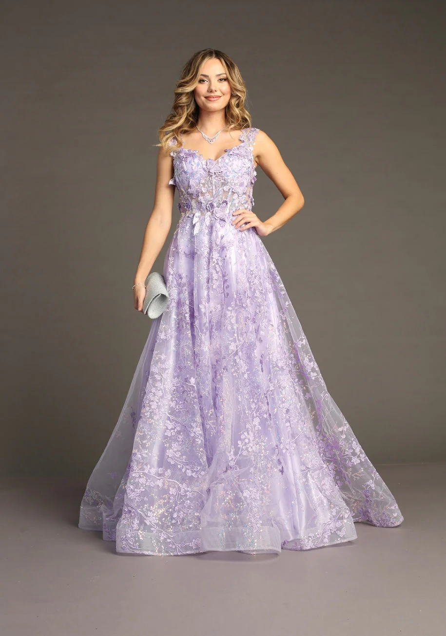 Chicas C818 Modern Printed Evening Lilac A-Line Sweetheart Tulle Dress