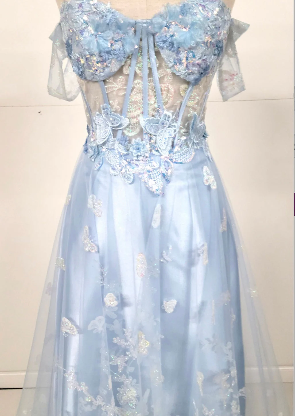 Chicas C822 Romantic Printed Prom Blue A-Line Butterfly Tulle Dress - Image 2