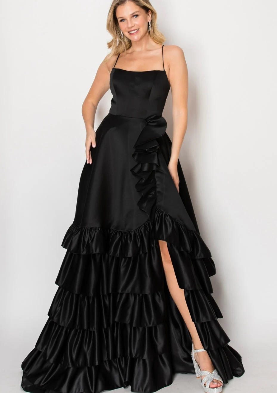Chicas C826 Evening Black High-Low Spaghetti-Strap Satin Dress