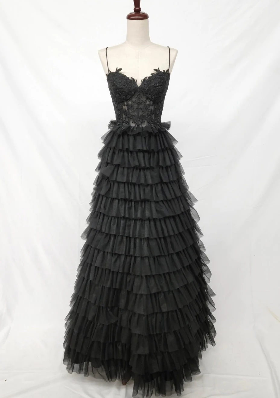 Chicas C833 Printed Evening Black Spaghetti-Strap Floral Tulle Dress