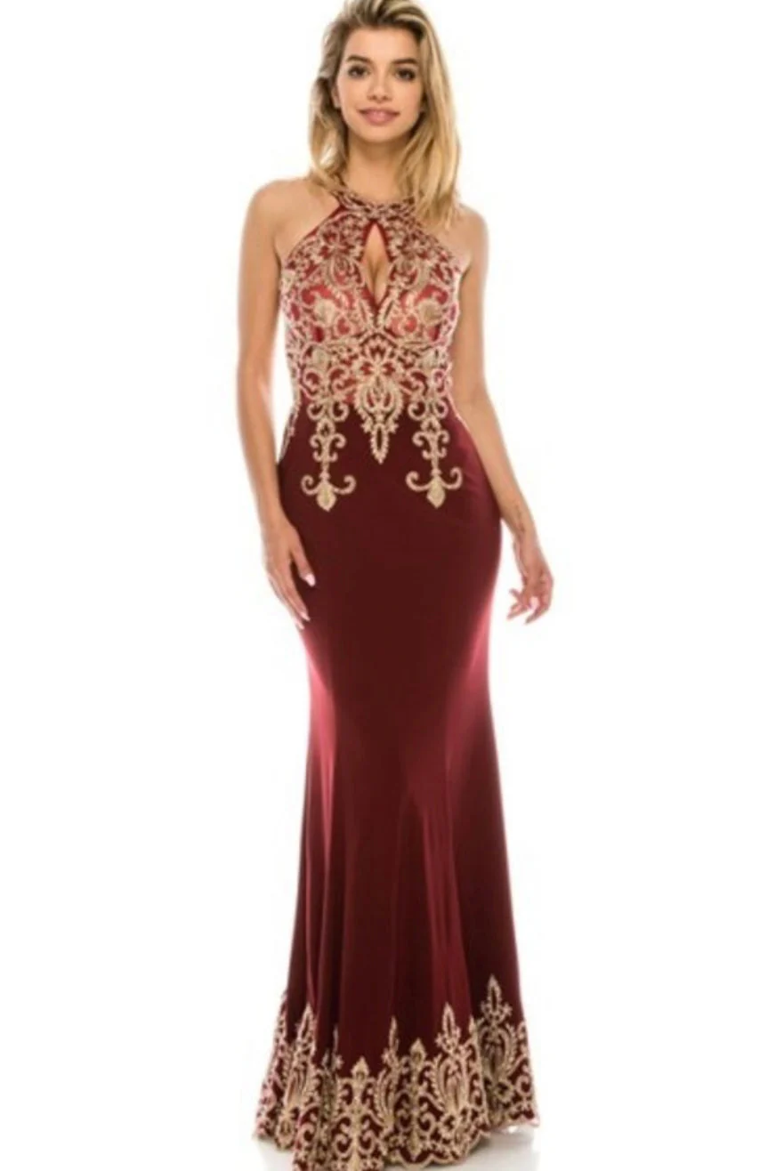 Chicas C9157 Evening Gold Mermaid Halter Floor-Length Fabric Dress - Image 2