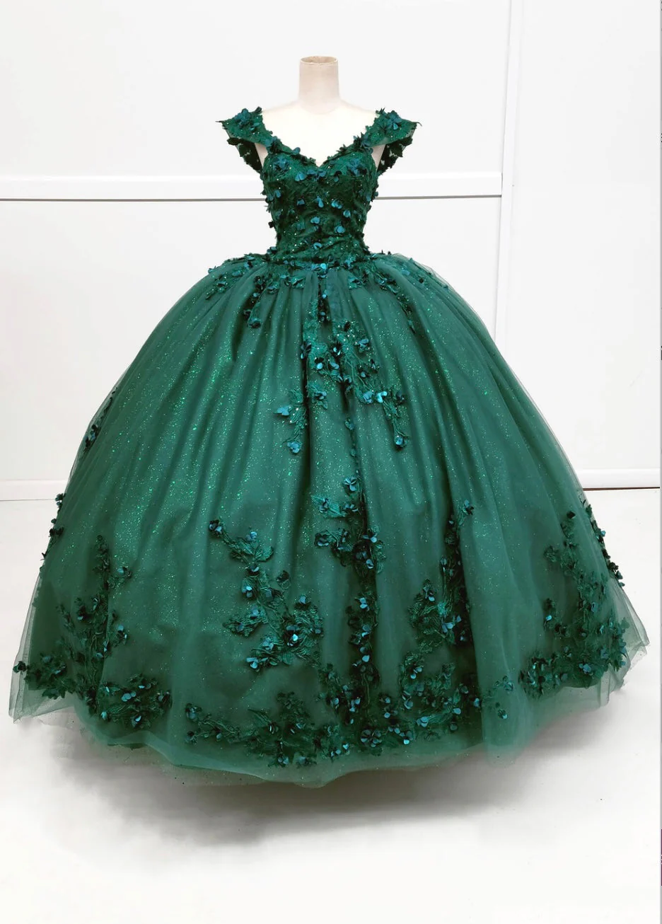 Chicas HF3074 Printed Glitter Emerald BallDress Floral Floor-Length Tulle Dress