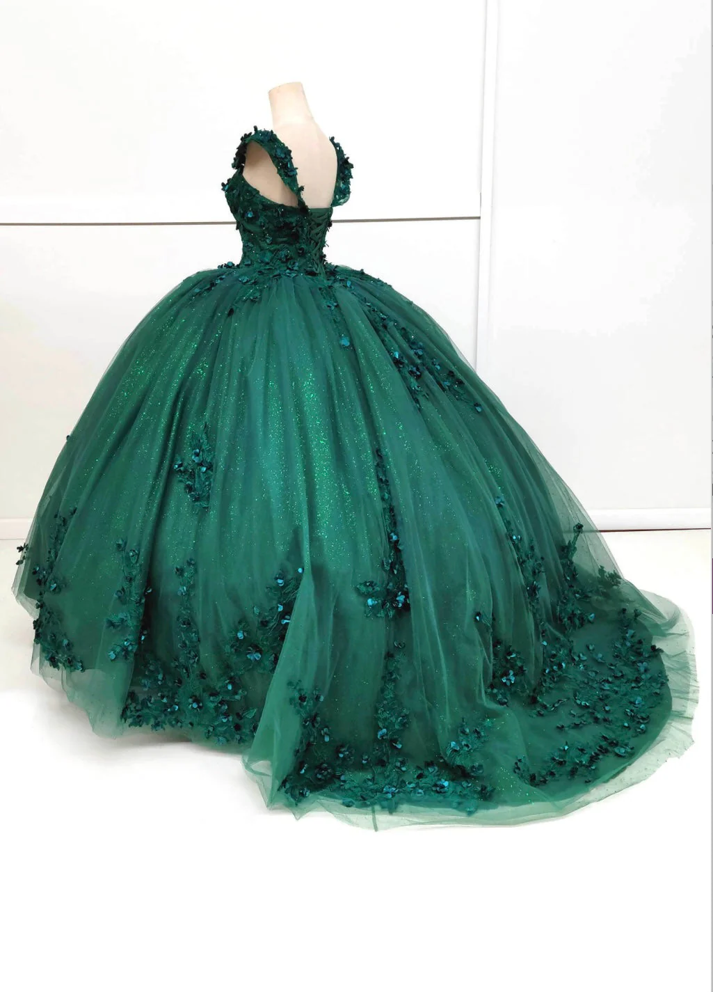 Chicas HF3074 Printed Glitter Emerald BallDress Floral Floor-Length Tulle Dress - Image 2