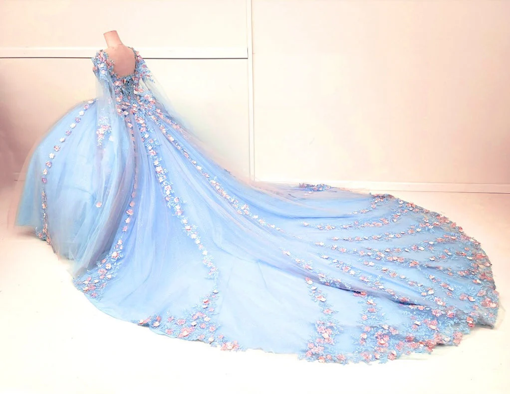 Chicas HF3117 Printed Blue BallDress Floral Long Corset Tulle Dress - Image 3