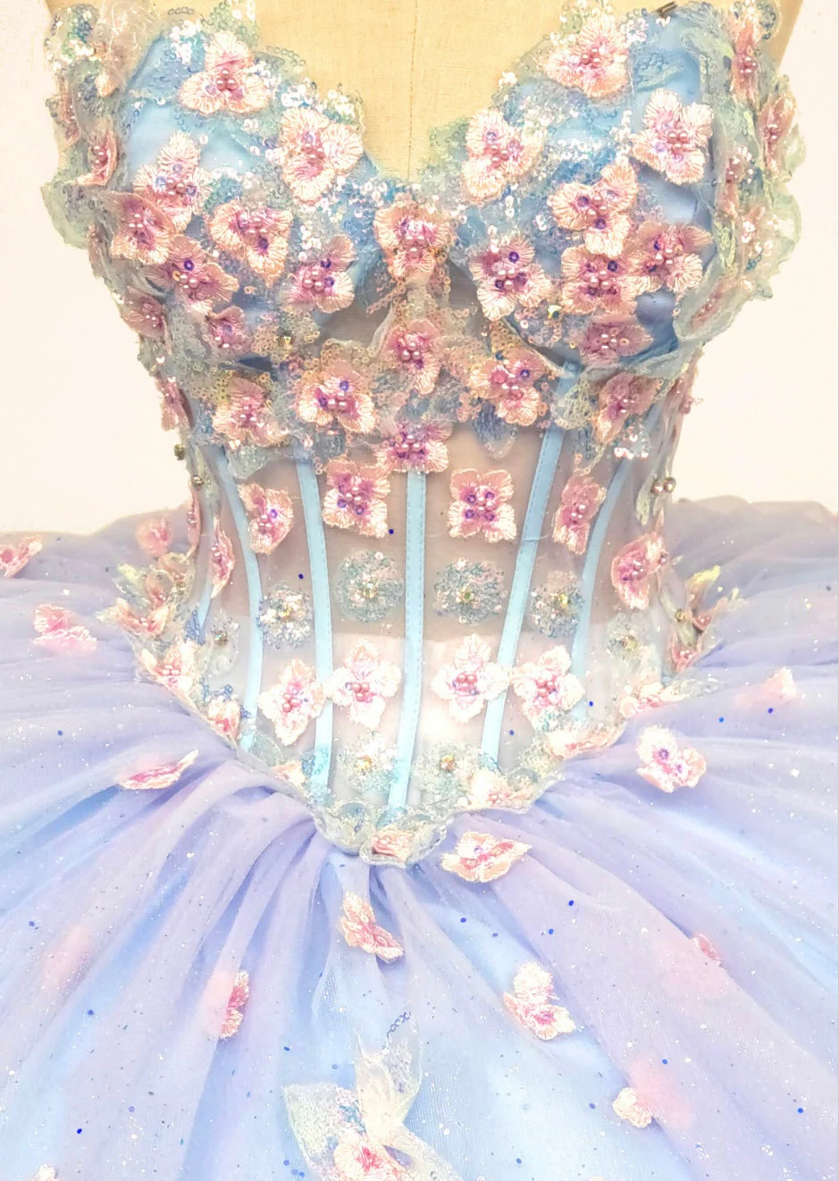 Chicas HF3119 Printed Quinceañera Blue BallDress Strapless Floral Tulle Dress - Image 2