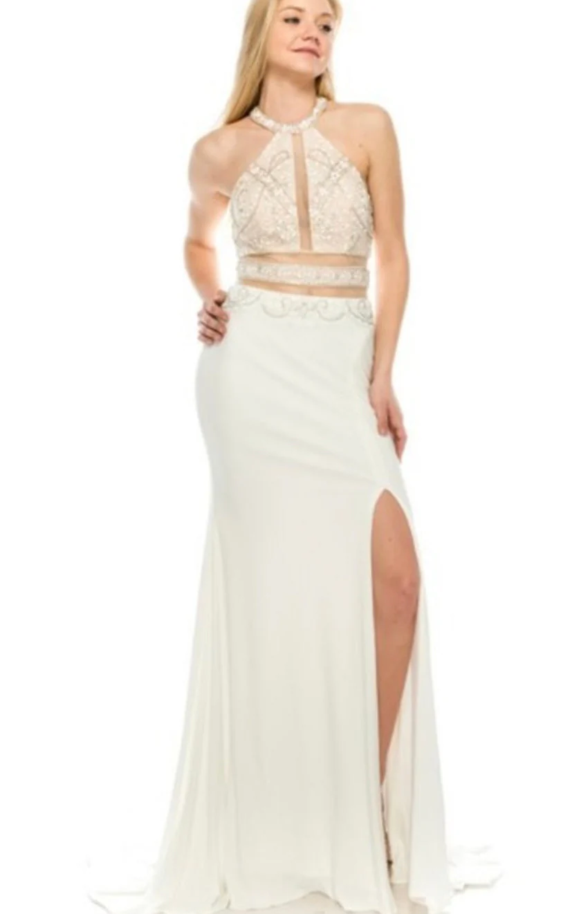Chicas CR7001 Prom Black Two-Piece Halter Long Fabric Dress - Image 3