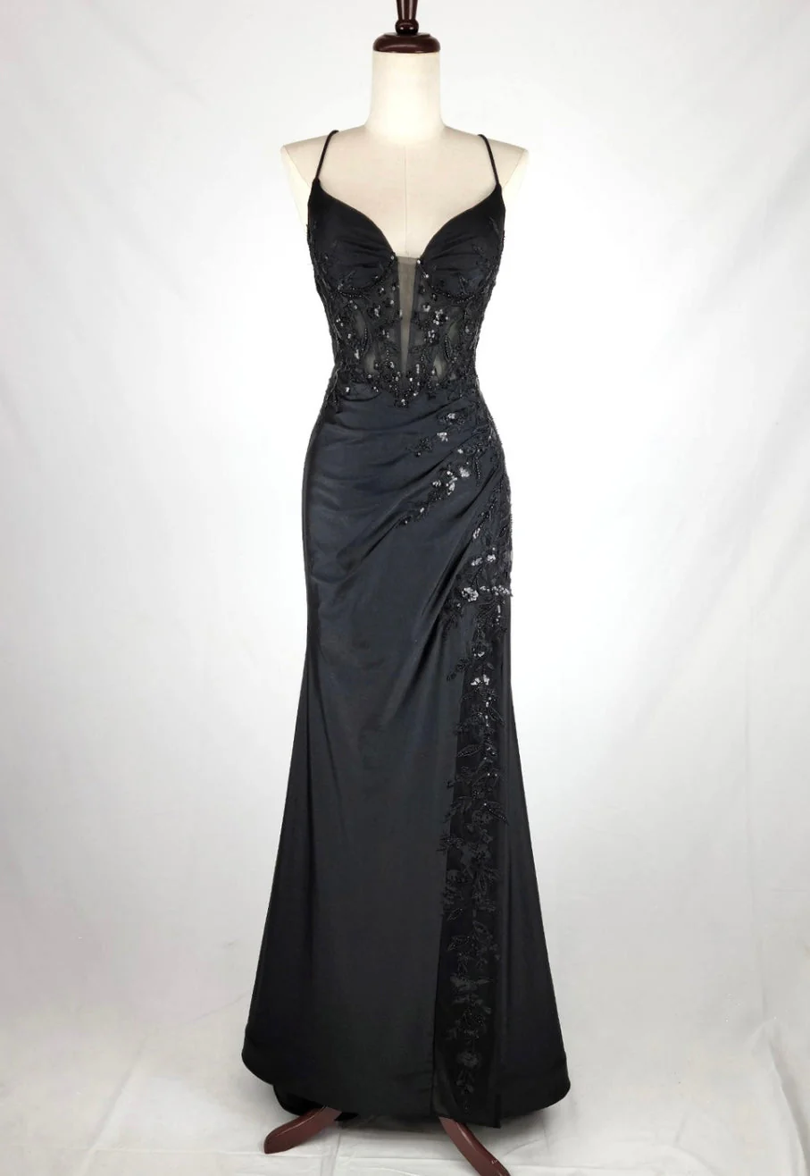 Chicas D502 Evening Black Illusion Floor-Length High-Slit Sequin Satin Dress