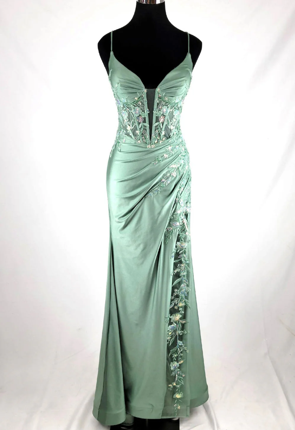 Chicas D502 Evening Black Illusion Floor-Length High-Slit Sequin Satin Dress - Image 3