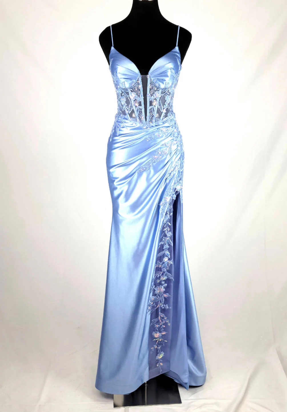 Chicas D502 Evening Black Illusion Floor-Length High-Slit Sequin Satin Dress - Image 4