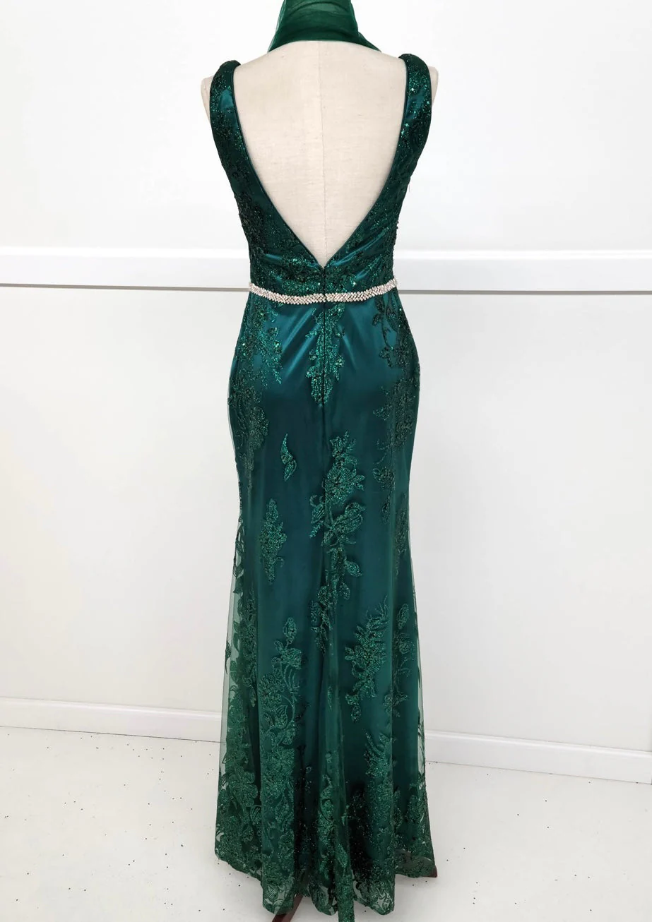 Chicas DM4026 Printed Evening Floral Floor-Length Beaded Embroidered Satin Dress - Image 4