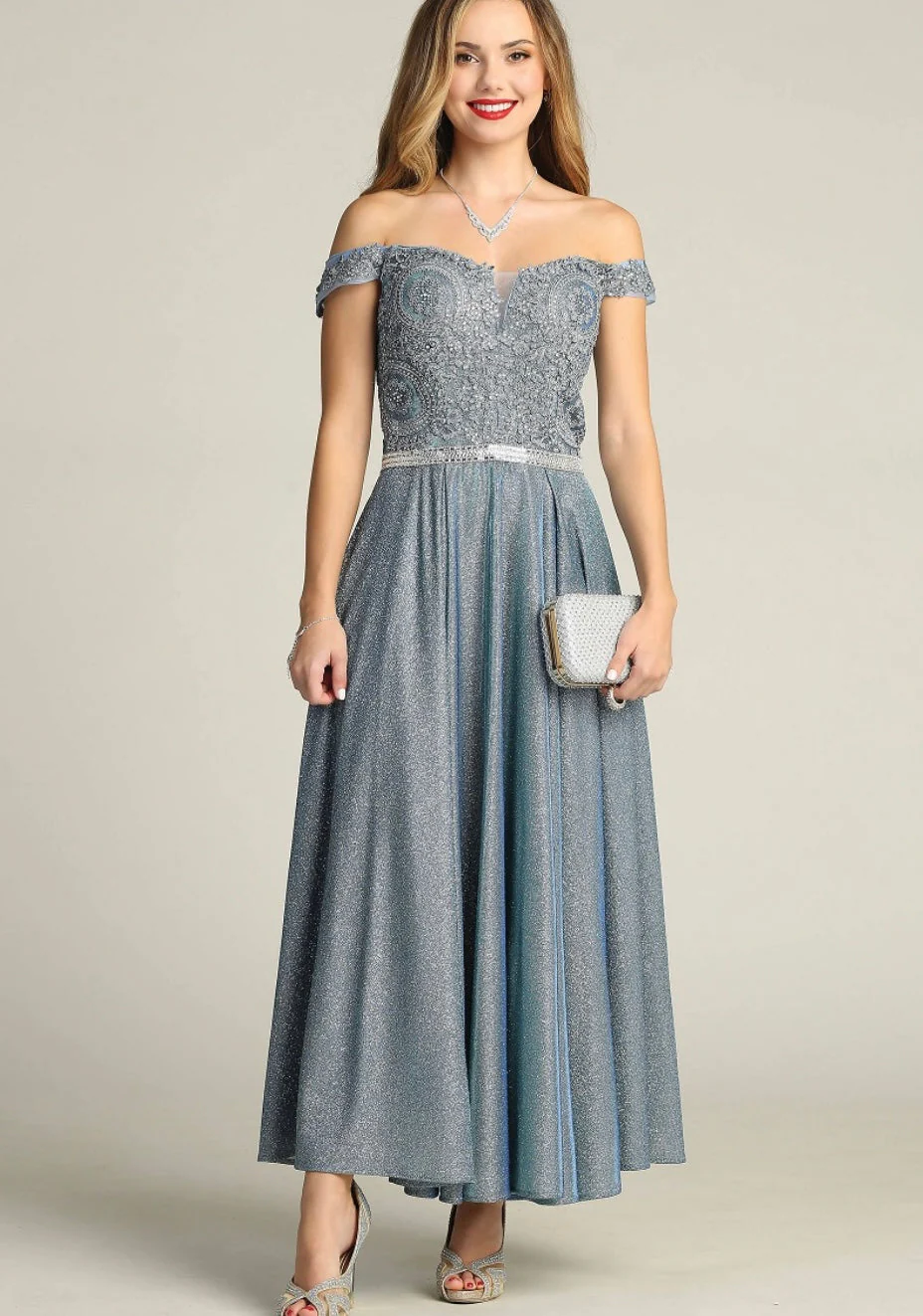 Chicas DM4027 Elegant Evening Blue A-Line Illusion Tea-Length Fabric Dress