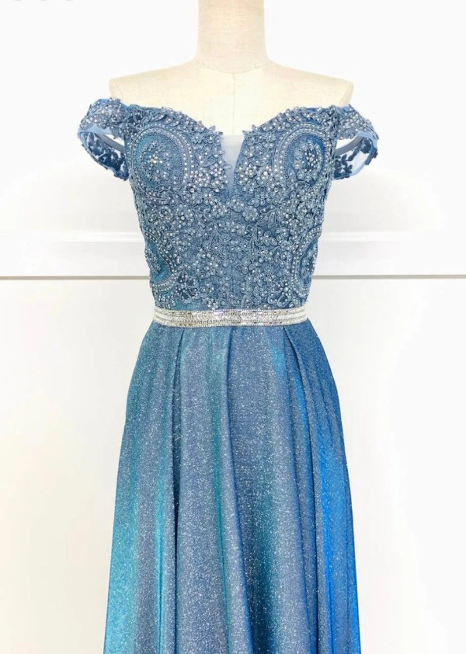 Chicas DM4027 Elegant Evening Blue A-Line Illusion Tea-Length Fabric Dress - Image 2