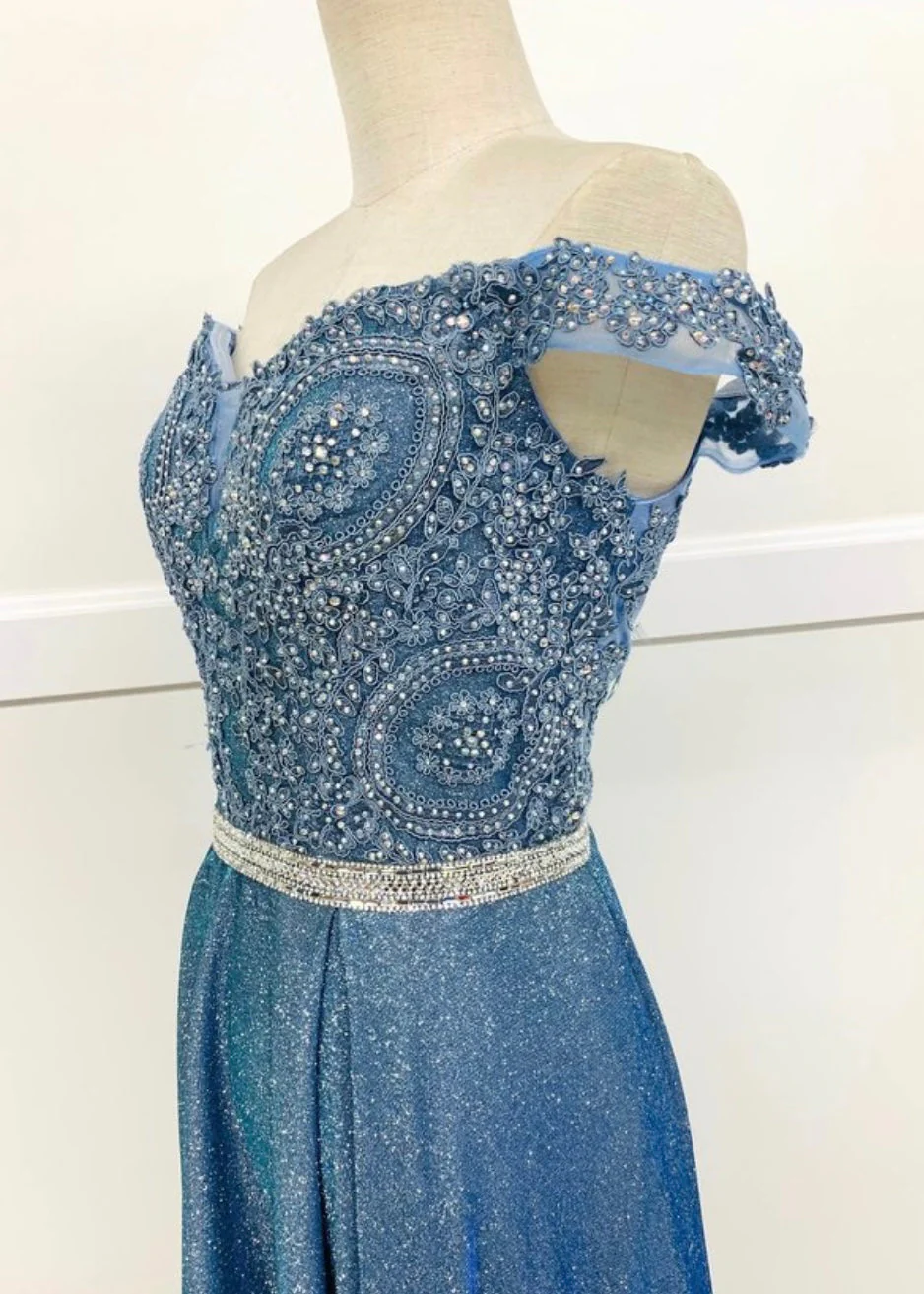 Chicas DM4027 Elegant Evening Blue A-Line Illusion Tea-Length Fabric Dress - Image 3