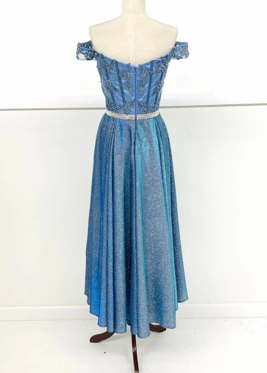 Chicas DM4027 Elegant Evening Blue A-Line Illusion Tea-Length Fabric Dress - Image 4