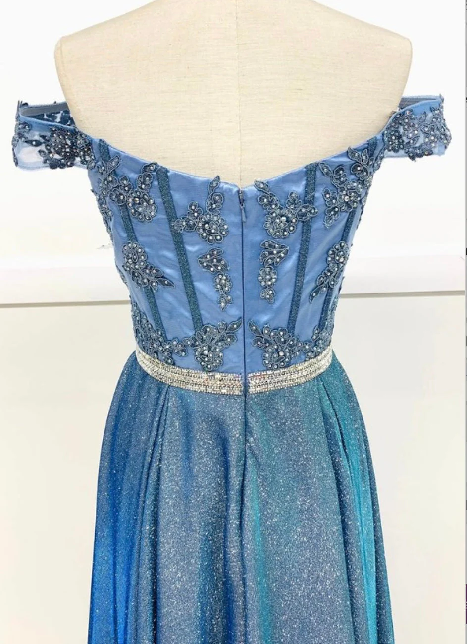 Chicas DM4027 Elegant Evening Blue A-Line Illusion Tea-Length Fabric Dress - Image 5