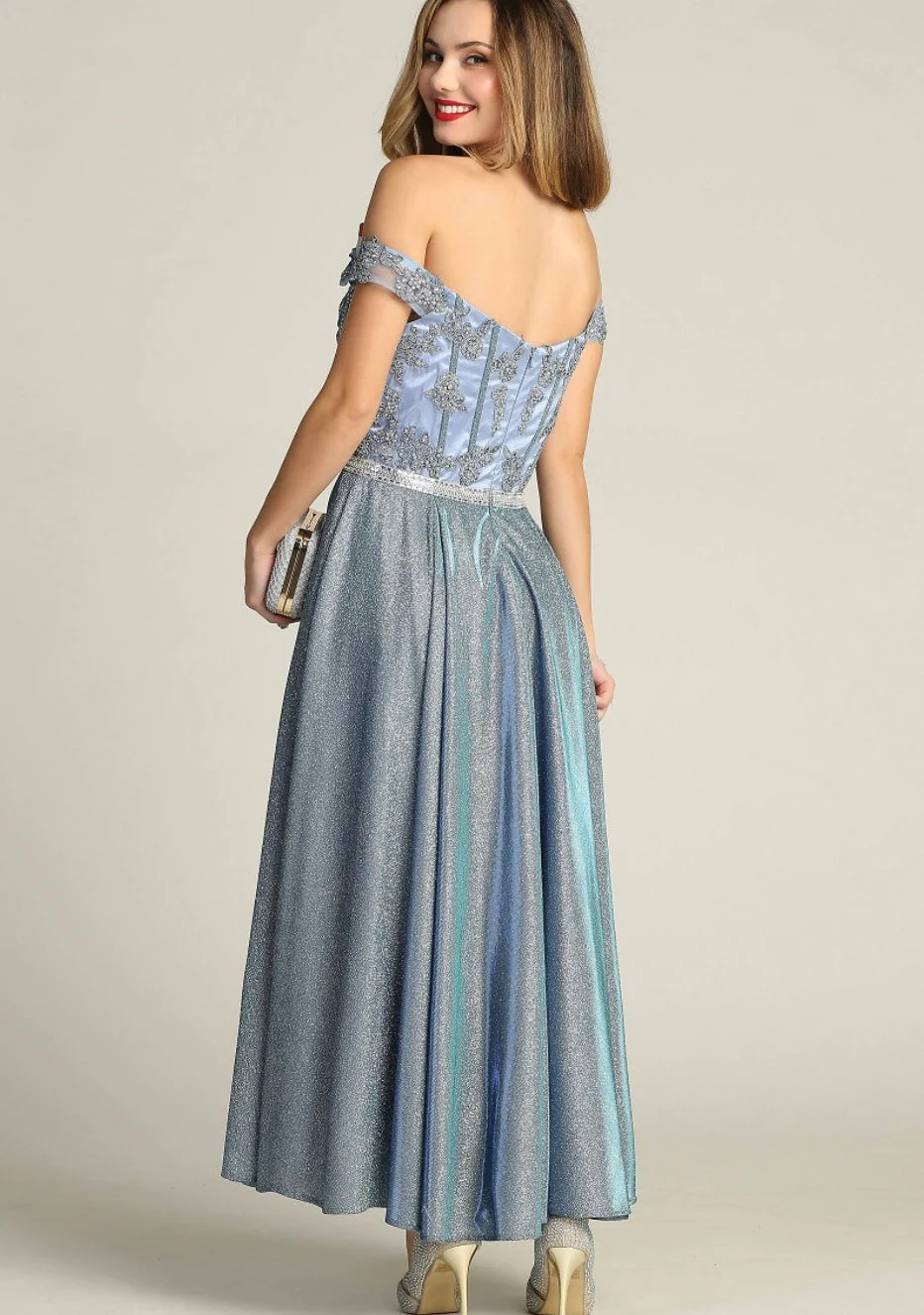 Chicas DM4027 Elegant Evening Blue A-Line Illusion Tea-Length Fabric Dress - Image 6