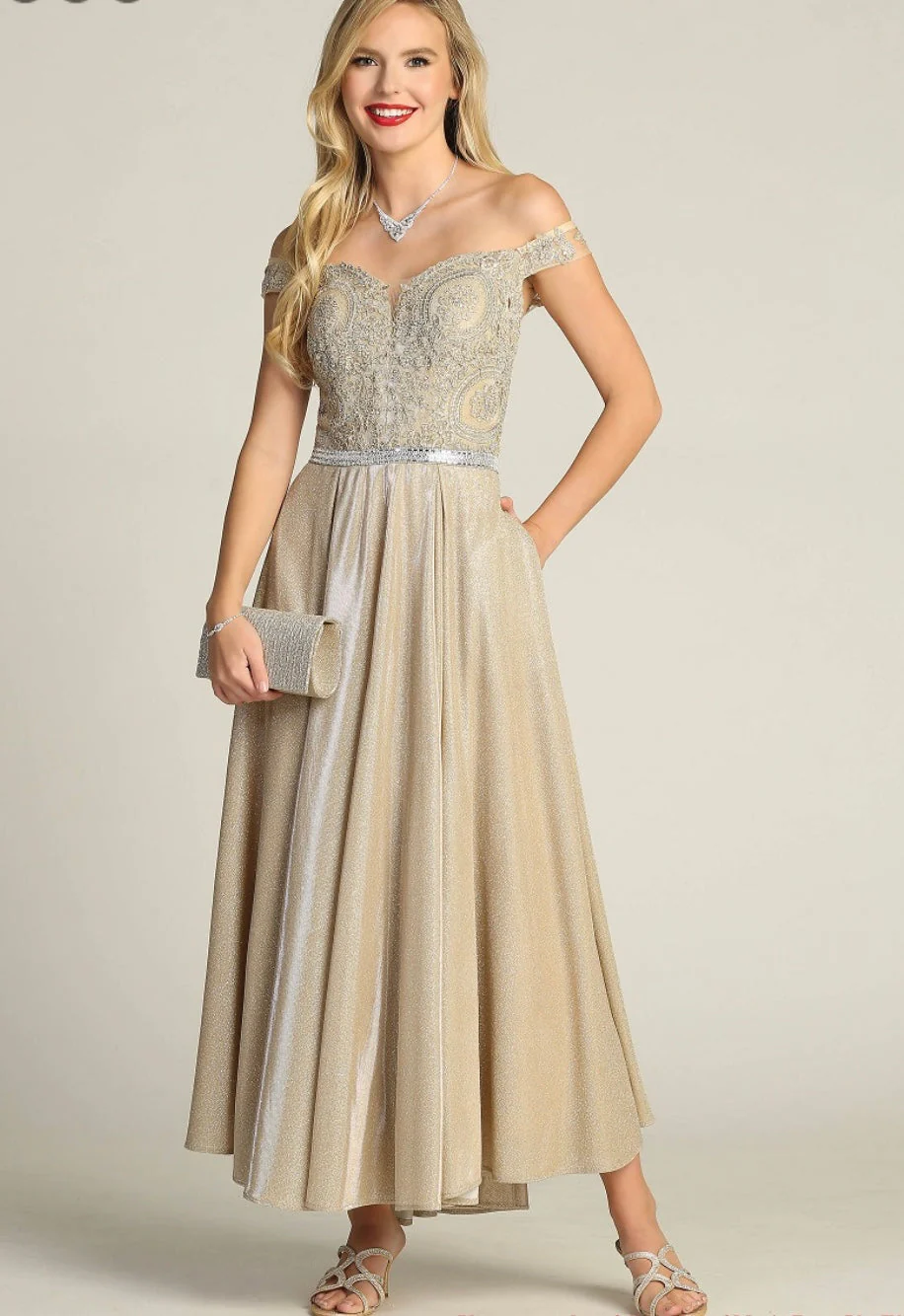 Chicas DM4027 Elegant Evening Blue A-Line Illusion Tea-Length Fabric Dress - Image 7